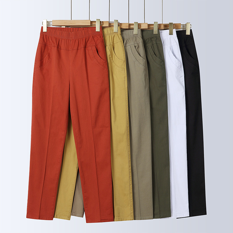 妈妈纯棉女裤白色中老年人休闲口袋直筒裤子奶奶夏装全棉纯色九分