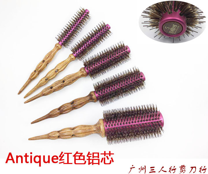 韩国原装Antique红色铝芯棕毛梳子 发型师专用滚梳高品质枫木手柄