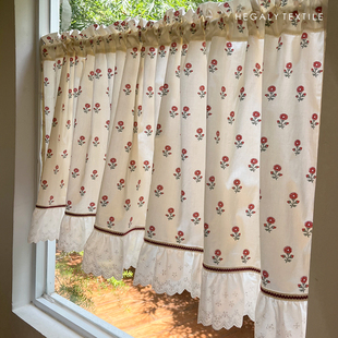 HEGALY复古小红花门帘半帘厨房短帘床帘免打孔小窗帘可爱浪漫韩式