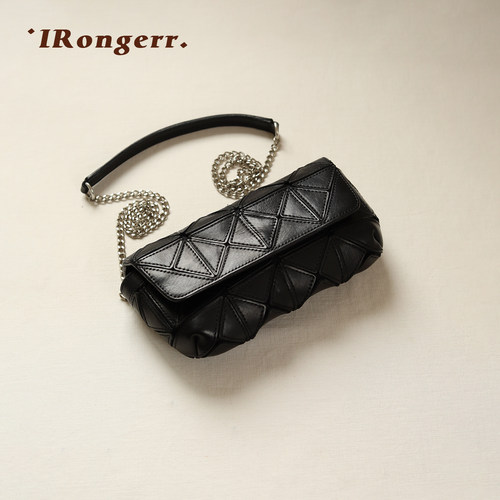IRongerr牛皮菱格拼接链条小方包