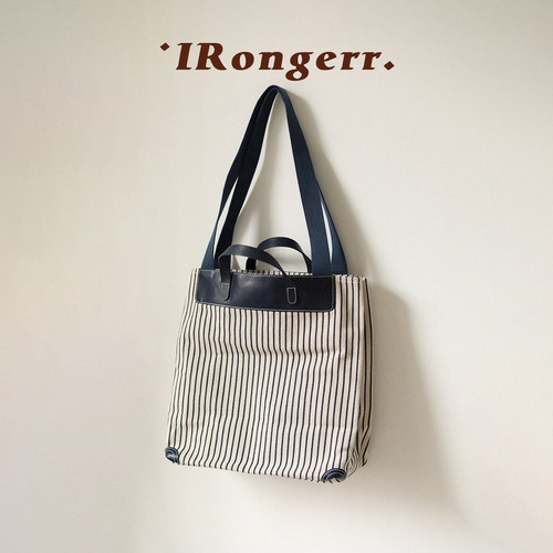IRongerr海军蓝条纹棉麻大托特包