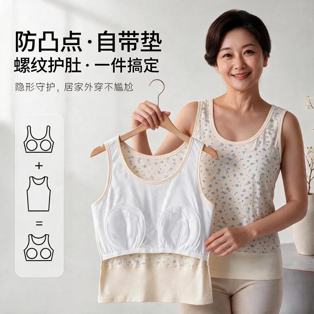 妈妈奶奶带胸垫纯棉打底背心