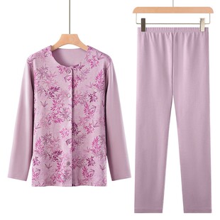 老人前开口内衣女纯棉打底衫散口老太太对门线衣线裤开衫套装扣子