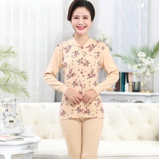 中老年前扣内衣女开胸套装冬季老年人对门棉毛衫妈妈秋衣秋裤扣子