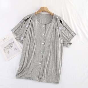 短袖病号服男士透析衬衫肩膀开口魔术贴骨折睡衣手臂受伤T恤术后