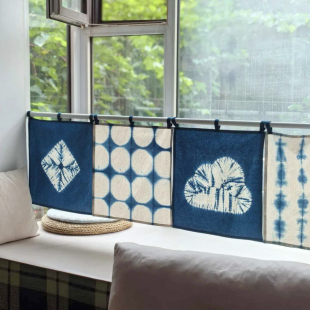 半帘45x45 ▋LZ11原创手工扎染蓝染棉布窗帘 可定制 ▋本事