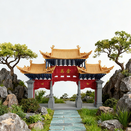 中式复古门楼牌楼狮门牌坊摆件