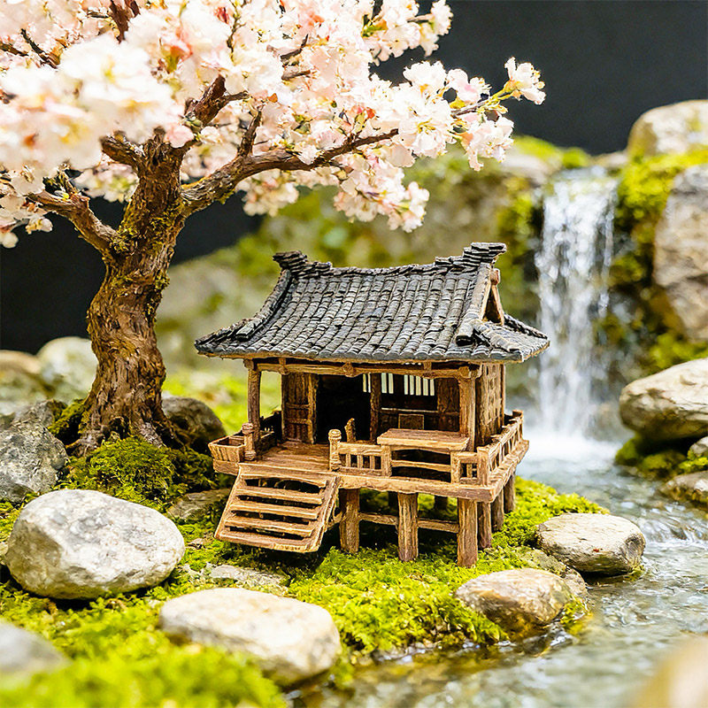 水陆微景观盆景假山鱼缸造景古风建筑凉亭仿真树脂摆件房子装饰