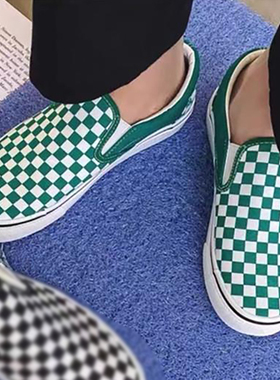 VANS范斯新款Slip-On绿色棋盘格一脚蹬男女休闲帆布鞋VN0A5JMHB00