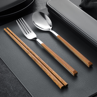 一人一筷便携餐具学生收纳盒叉子单人木质筷子三件套 筷子勺子套装