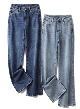 阿月大码宽松阔腿裤女2025春秋款加长175CM拖地裤高腰大直筒牛仔