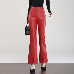 腰显瘦开微叉鱼 绵羊皮喇叭九分新高款 E62371安拉可红皮裤 女春秋季