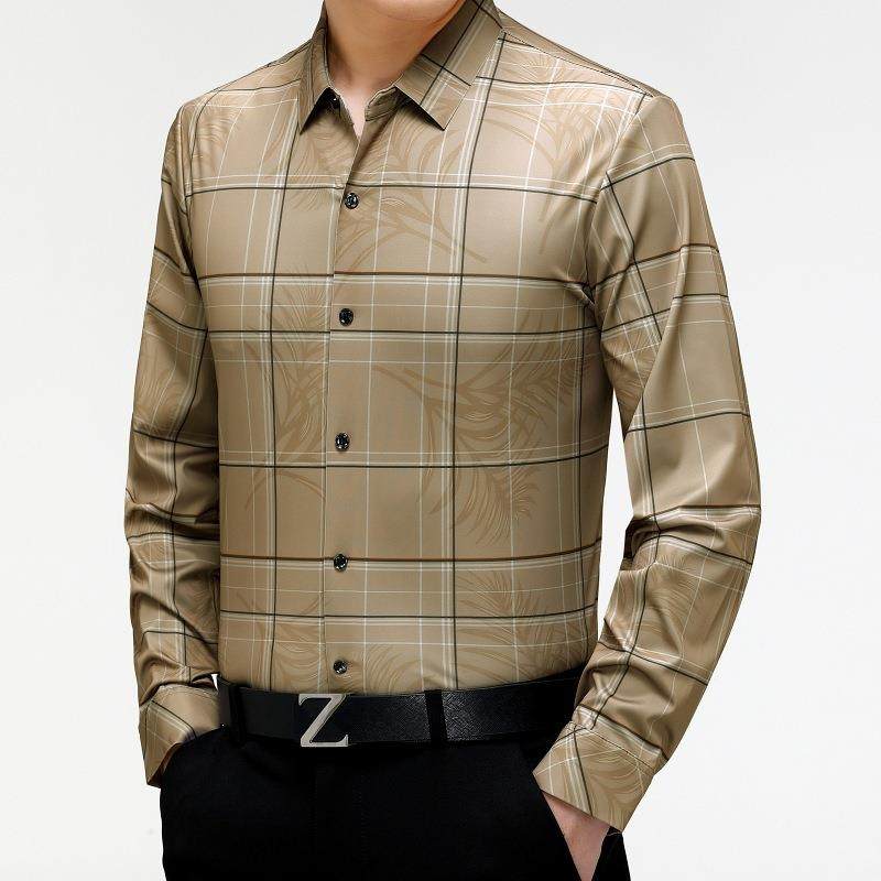 季新款男式衬衫2322长袖商务秋尚休闲中男士时格子桑蚕丝衬衣年男