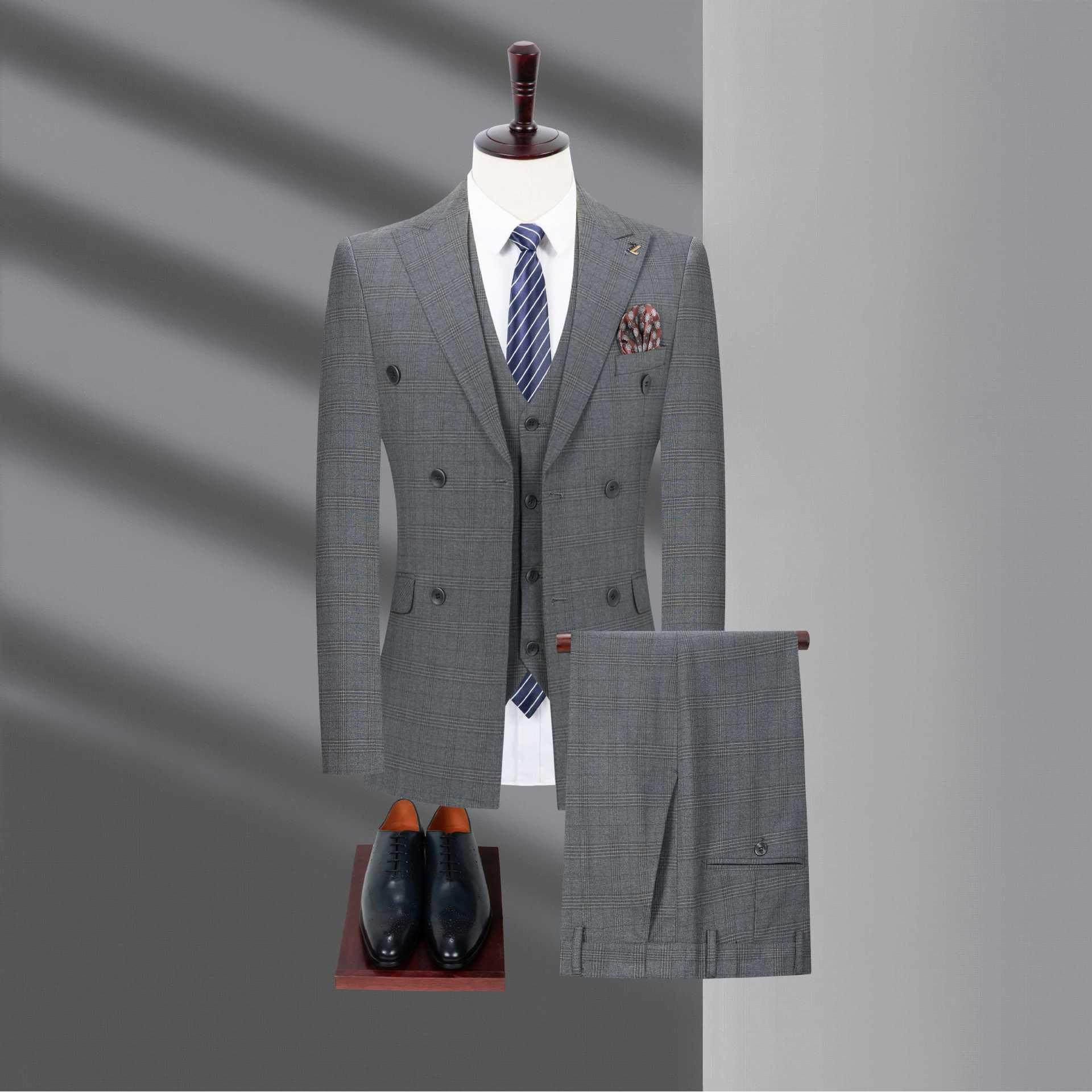 品双排扣西服套装男牌士正青装966商务休闲中郎年修身新婚礼三件