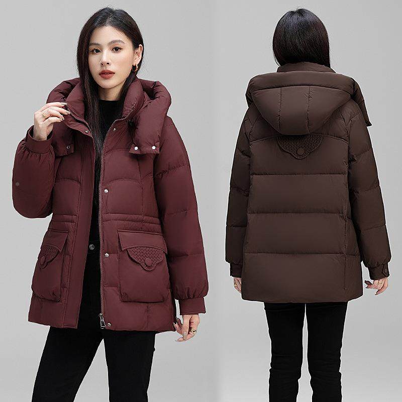 正品绒服女国标端白鸭中长款122-8323绒高中老年女装大码羽连帽外