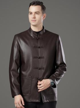 闲海宁真皮衣男中年立领国风新款春秋装唐绵羊皮夹克休爸装1919-K