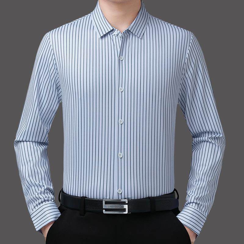 新款春秋男装高衫端衬山羊绒长袖衬中年爸爸商装务休5891闲免烫条