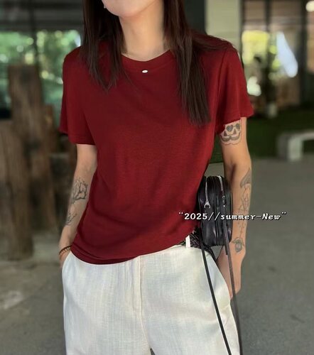 2026夏新款韩版宽松桑蚕丝莱塞尔打底T圆领短袖打底衫女上衣