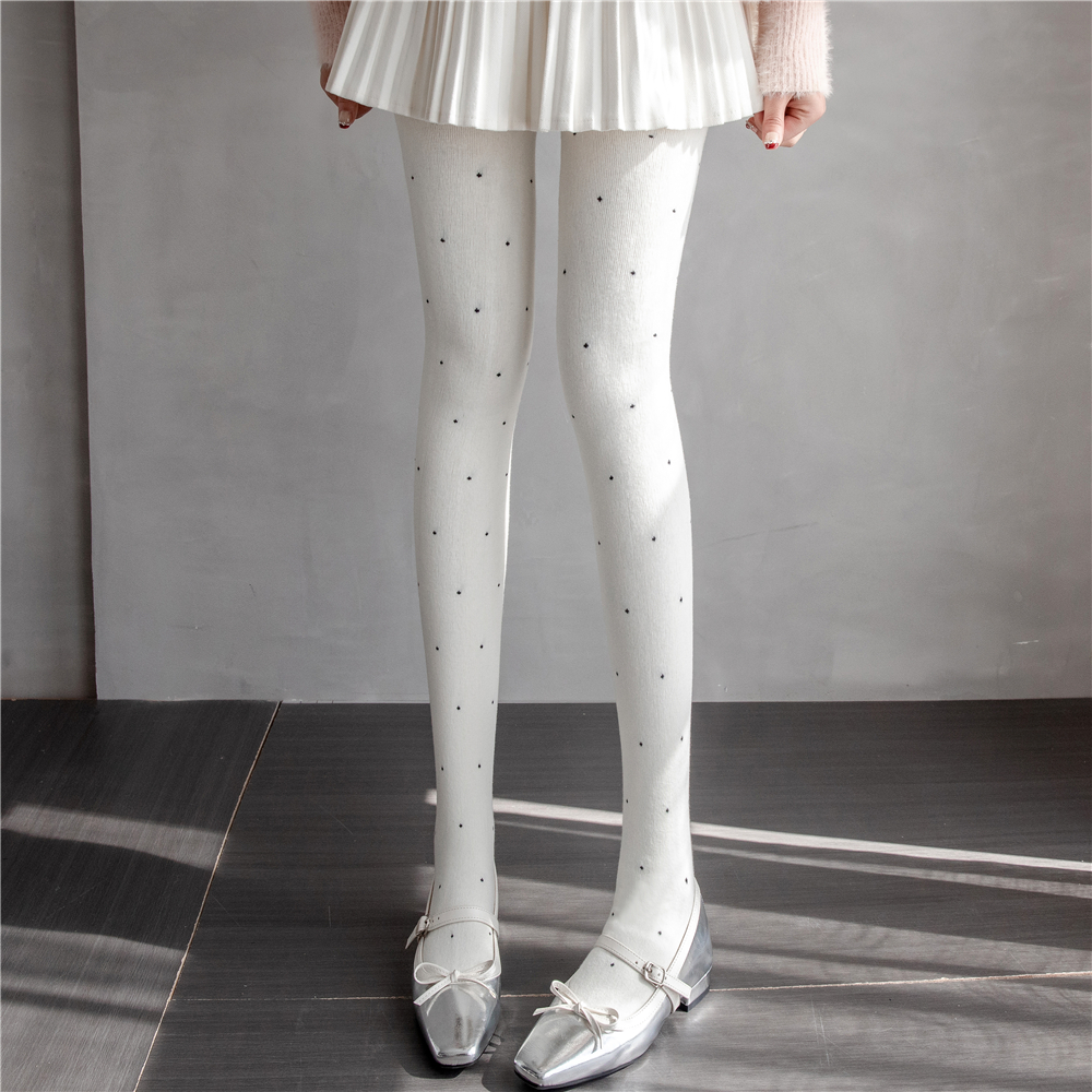 秋冬加厚加绒保暖白色波点连裤袜