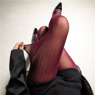 安可拉红丝袜闪光银丝竖条纹连裤 袜女性感辣妹黑丝春秋复古打底袜