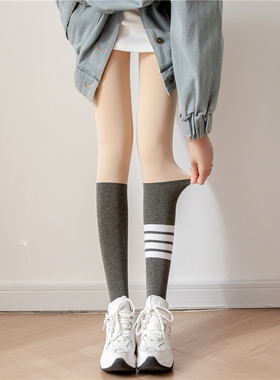 灰色连裤袜四条杠TB风假两件拼接丝袜女秋冬加厚加绒JK假小腿袜子