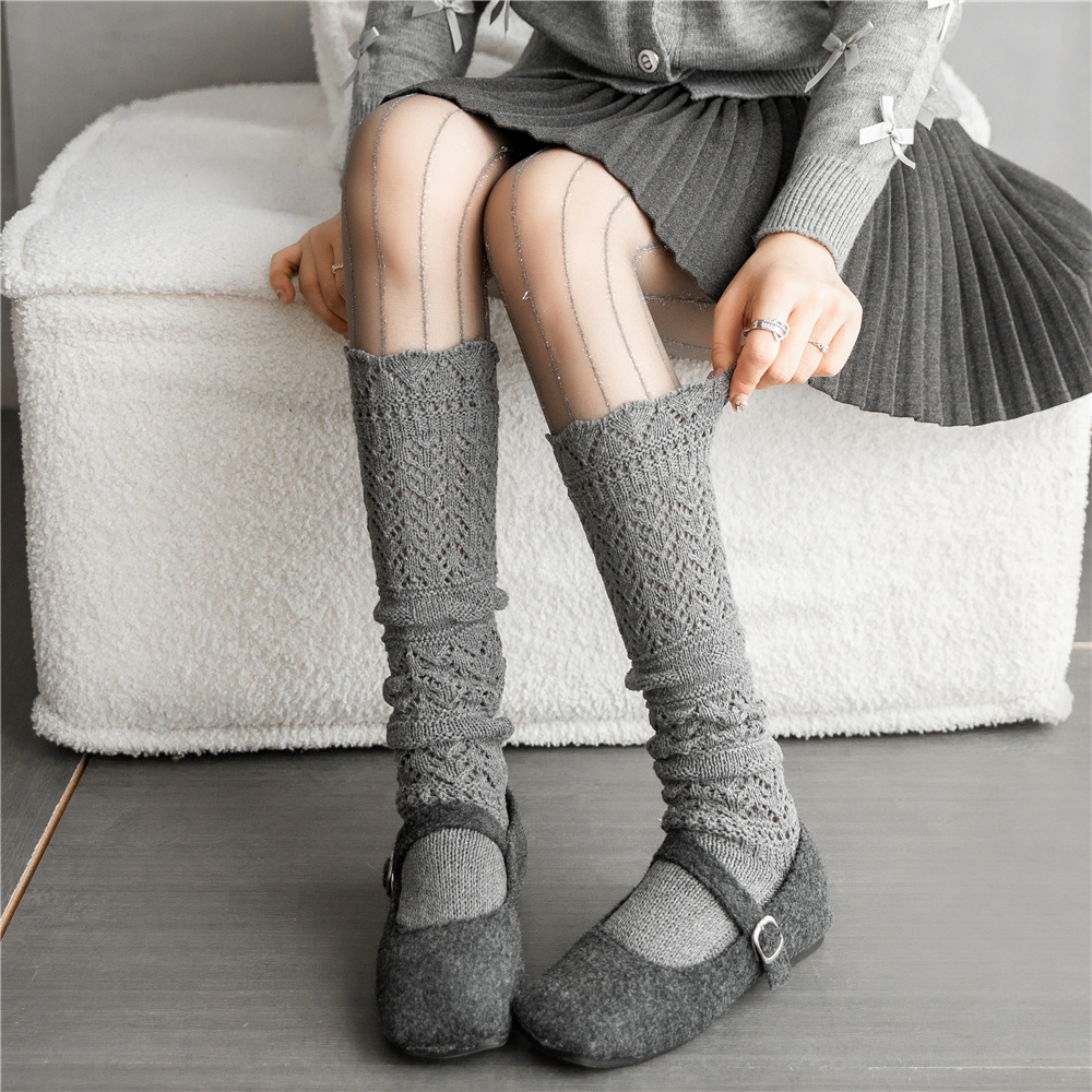 灰色堆堆袜浮雕镂空蕾丝小腿袜子