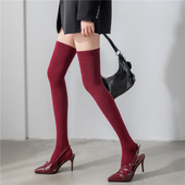 安可拉红过膝袜复古酒红色长筒袜子女春秋冬黑色长袜JK防滑大腿袜
