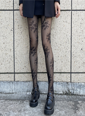 玫瑰花丝袜女春秋薄款黑色连裤袜子ins潮性感黑丝JK纯欲秋冬白丝