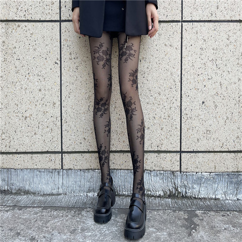 玫瑰花丝袜薄款连裤袜女性感黑丝