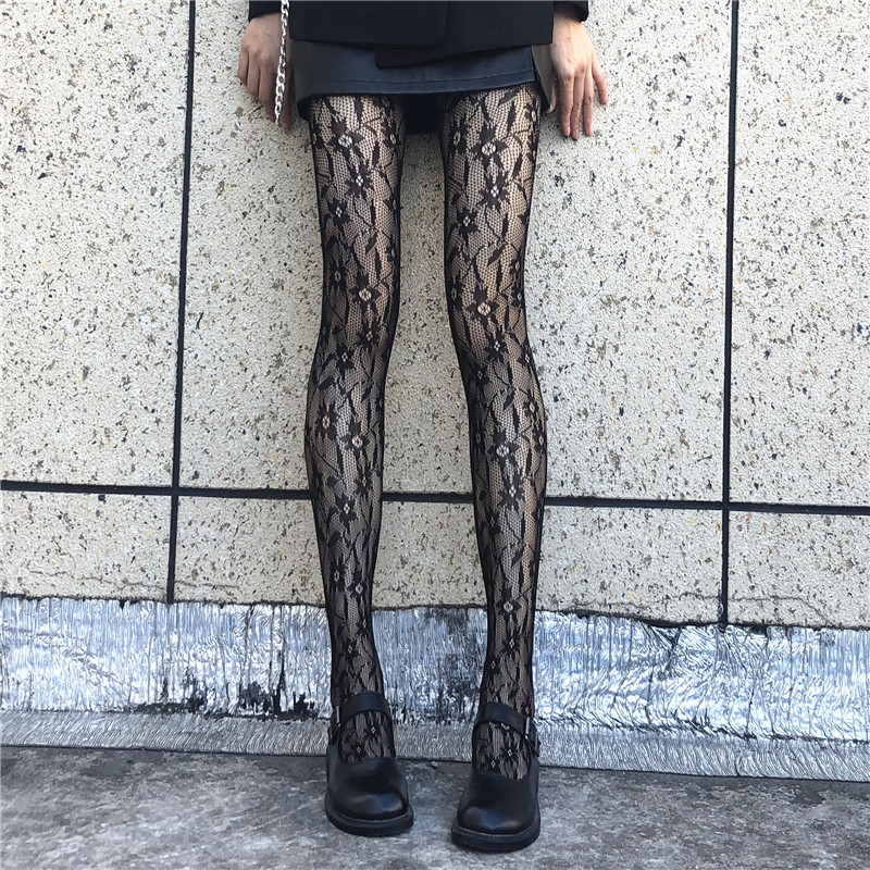 性感蕾丝花朵连裤袜女黑丝袜子ins潮渔网袜性感黑色薄款jk可爱