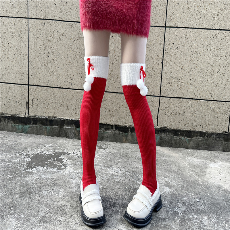 圣诞红色过膝袜可爱毛球袜子秋冬白色长筒袜套女保暖小腿堆堆袜子,女士内衣/男士内衣/家居服,长筒袜,淘宝优惠券,粉丝福利购,淘宝优惠卷