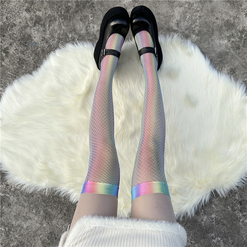 个性彩色渔网袜过膝长筒袜子女Y2K千禧辣妹性感镭射彩虹大腿丝袜,女士内衣/男士内衣/家居服,长筒袜,淘宝优惠券,粉丝福利购,淘宝优惠卷
