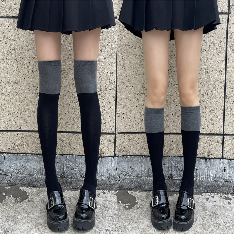 黑灰拼接过膝袜女加绒加厚小腿袜子JK春秋冬季拼色长筒袜黑色中筒