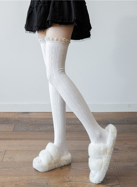 白色过膝袜日系蕾丝花边长筒袜子秋冬加厚黑色大腿袜JK小腿堆堆袜