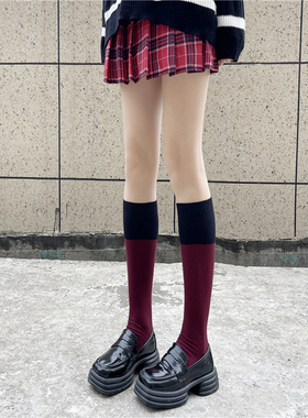 红色拼接长筒袜JK拼色小腿袜子春秋冬保暖堆堆袜黑色显瘦竖条过膝