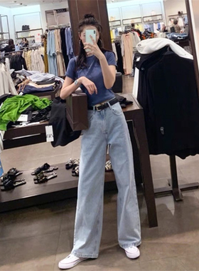 2025年直筒宽松高腰牛仔裤女春夏复古四季新款水洗垂感浅蓝色长裤