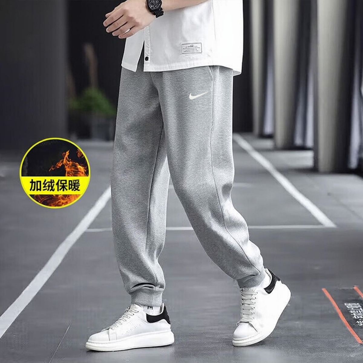 灰色加绒长裤Nike耐克保暖裤子