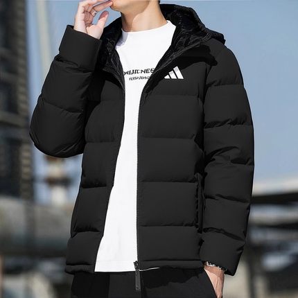 阿迪达斯黑色羽绒服男士冬季新款防风宽松加厚连帽鸭绒外套KF4400
