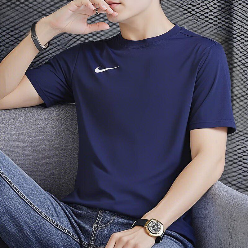 Nike耐克藏蓝色短袖男子夏季新款速干T恤跑步运动服冰丝薄款上衣