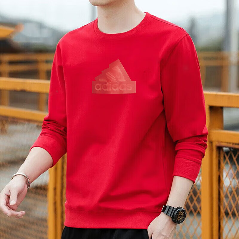 阿迪达斯卫衣男士2025春季新款运动服圆领宽松上衣纯棉红色套头衫