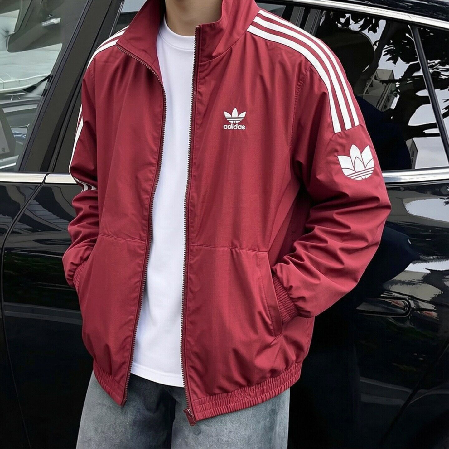 阿迪达斯三叶草外套男秋新款酒红色宽松运动服美式棒球服立领夹克