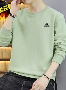 阿迪达斯绿色加绒卫衣男冬新款宽松打底衫保暖运动男套头衫IB2714