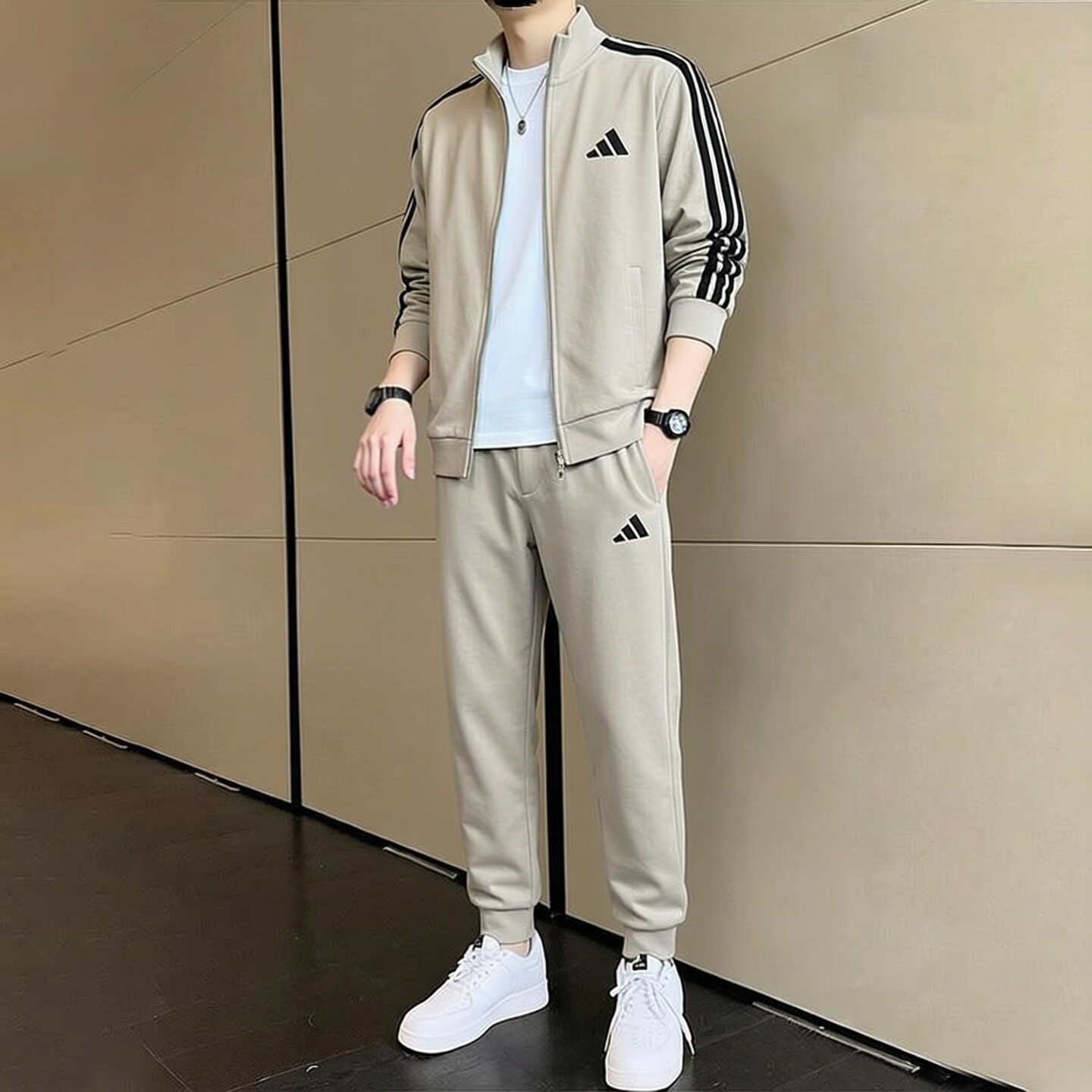 阿迪达斯跑步运动套装男士秋季新款运动服篮球健身训练服羽毛球服