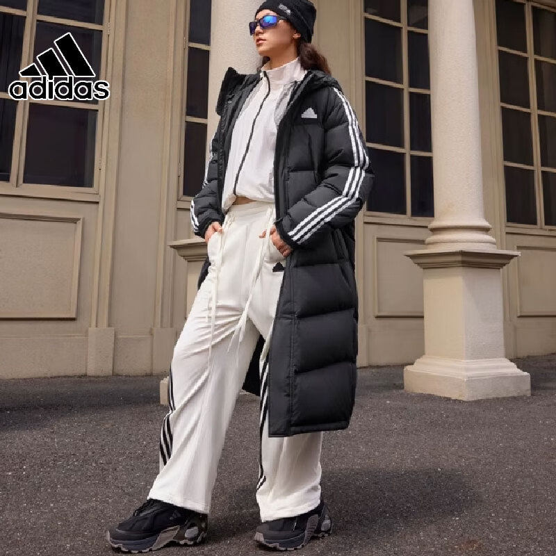 阿迪达斯羽绒服男女装秋冬季健身训练黑色运动服长款防风保暖外套