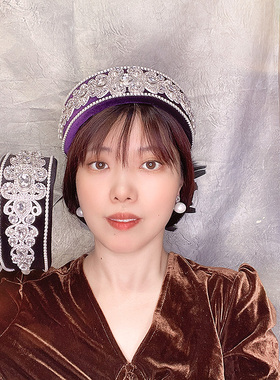 宫廷风发饰紫色镶钻发箍女高颅顶水晶发卡宽边带齿晚宴头箍外出