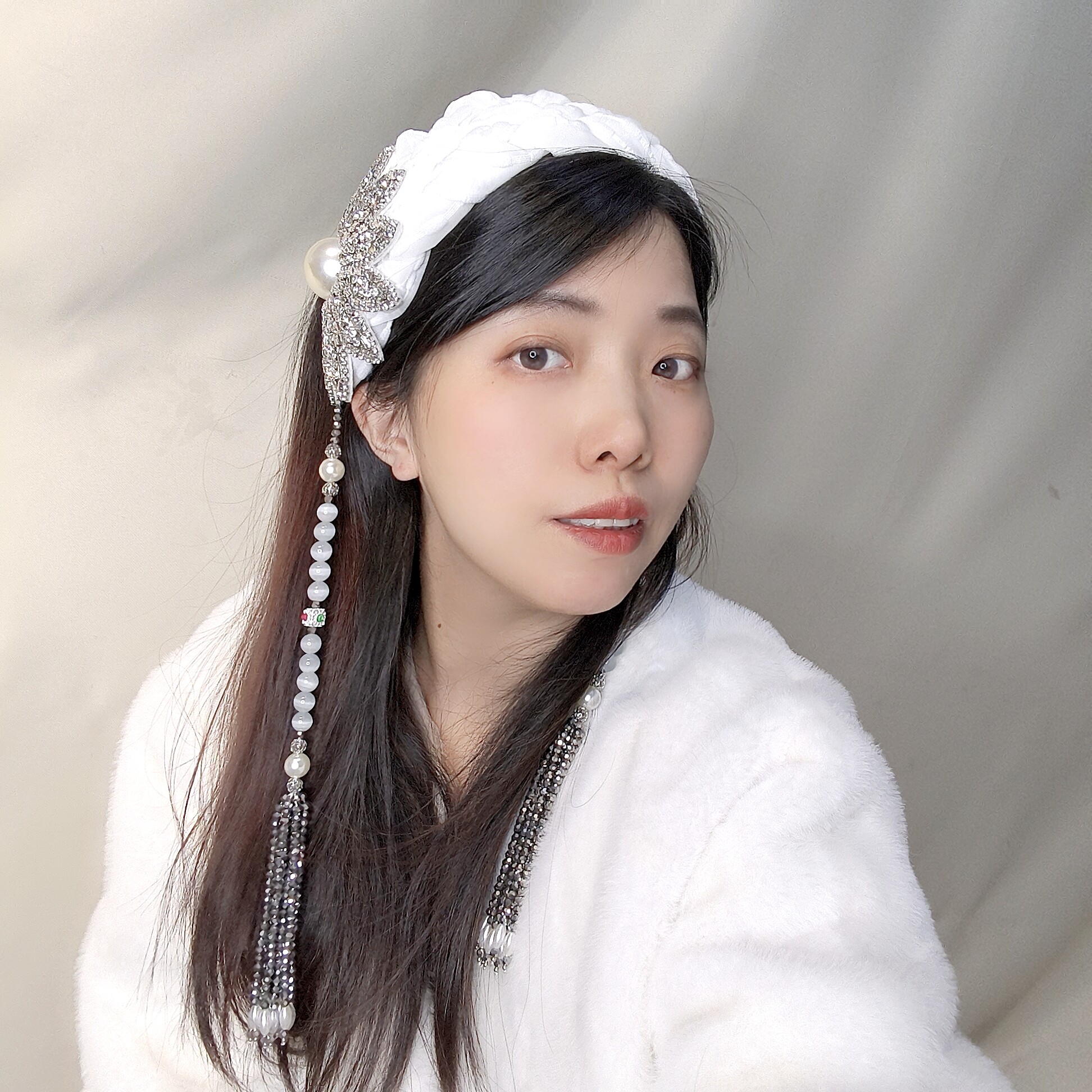 白色镶钻水晶发箍女珍珠流苏头饰韩版时尚拍照发带