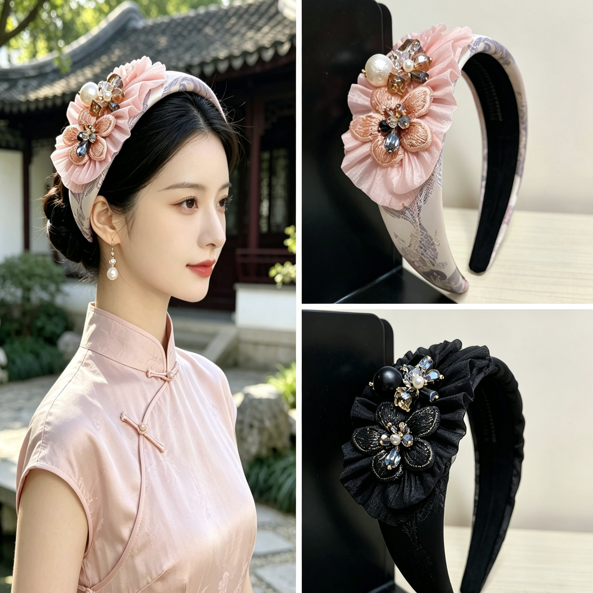 新中式侧边刺绣花朵发箍女复古闪钻头箍带齿优雅镶钻发卡外出宽边
