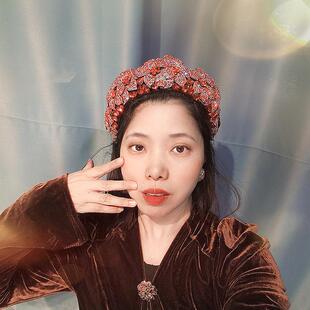 原创橘红色闪钻双花发箍女高颅顶带齿镶钻发卡女宽边水钻花朵头箍