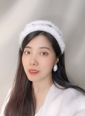 原创新品秋冬发饰白色彩钻真水貂毛发箍带齿镶钻头箍水钻发卡宽版