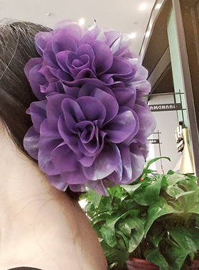 森系风甜美紫色布艺花朵抓夹女大号造型发抓鲨鱼夹中长发表演头饰